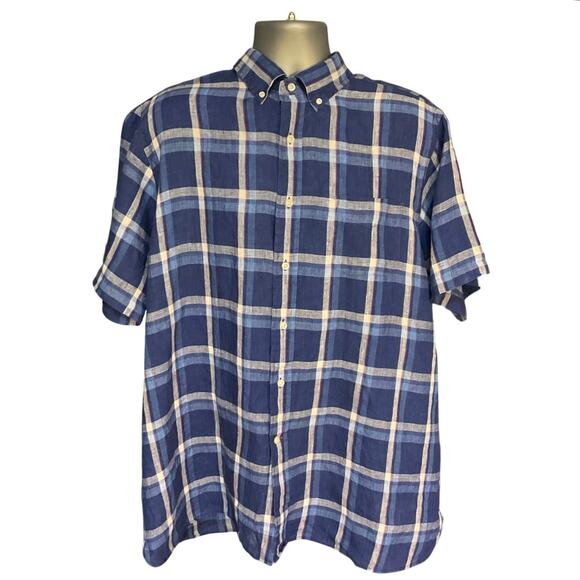 Cremieux Blue Check Short Sleeve Casual Linen Button Down Size XXL - Picture 1 of 11